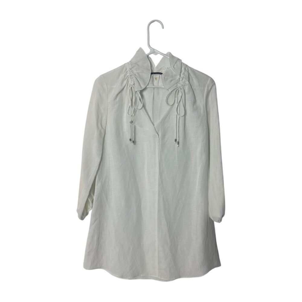 Elie Tahari Womens White Sheer Long-Sleeve Blouse With Drawstring Collar SP